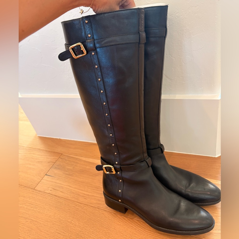 Vince Camuto Black Leather Tall Boots with Silver Hardware - 9.5